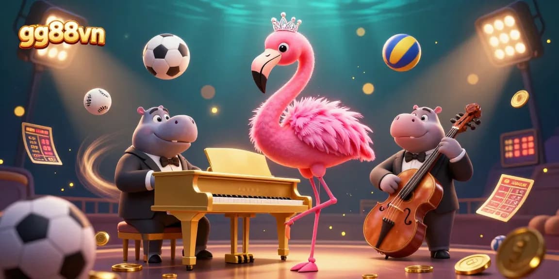 Win big at gg88vn with vibrant casino scenes showcasing a lively flamingo singer and hippo bassist.