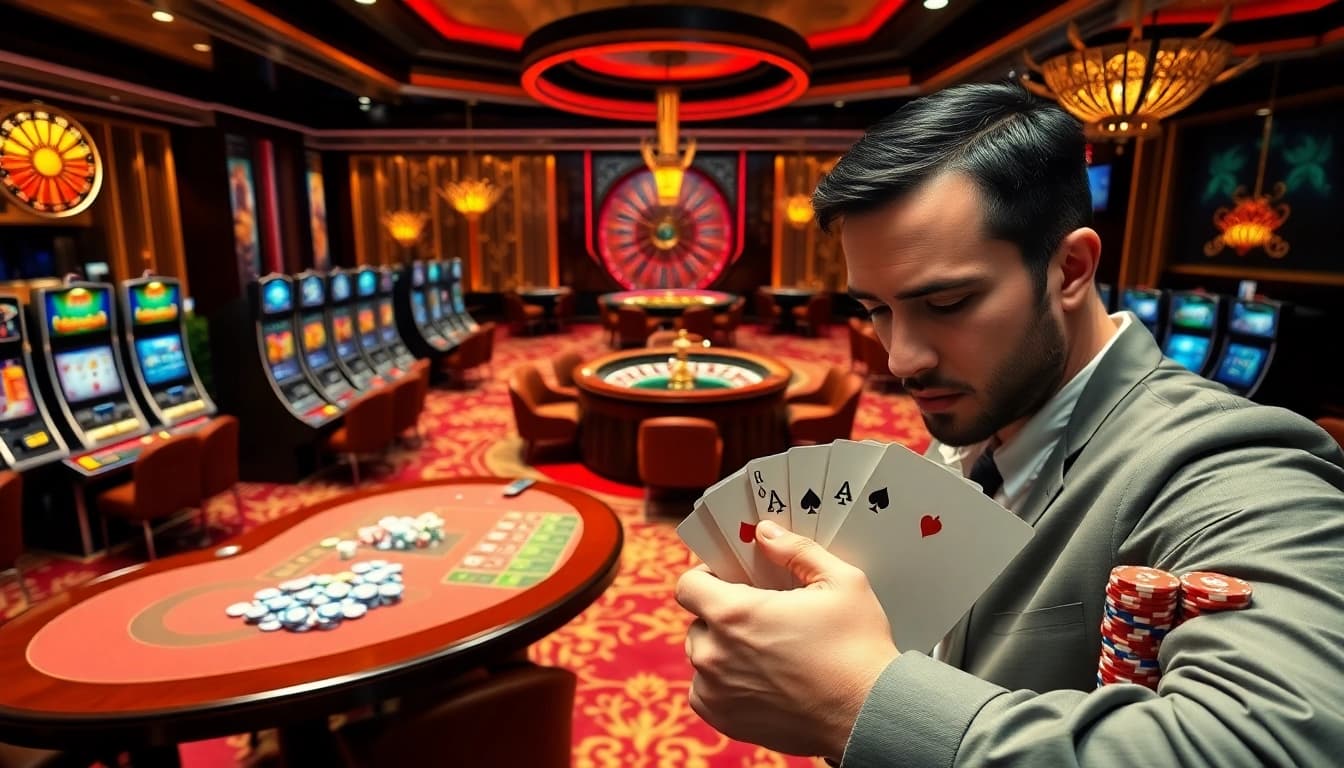 Experience thrilling gameplay at https://98winmb.com/ with vibrant casino tables, cards, and roulette wheels.