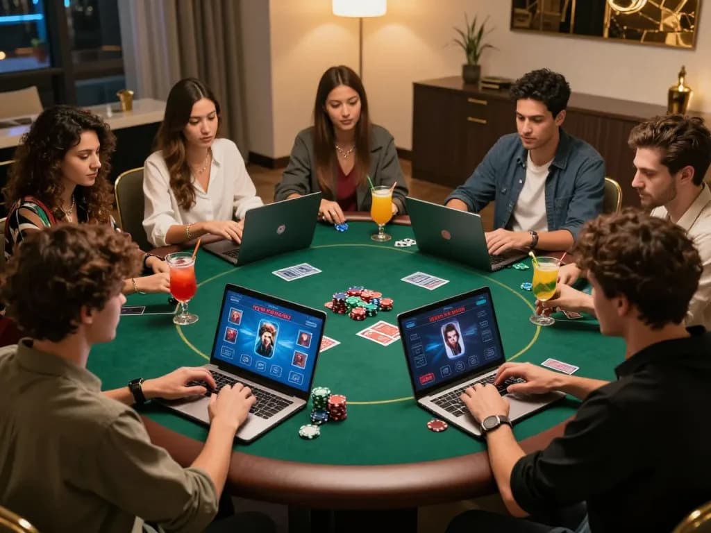 Friends enjoying n88 poker online with live dealer, vibrant cocktails, and intense focus.