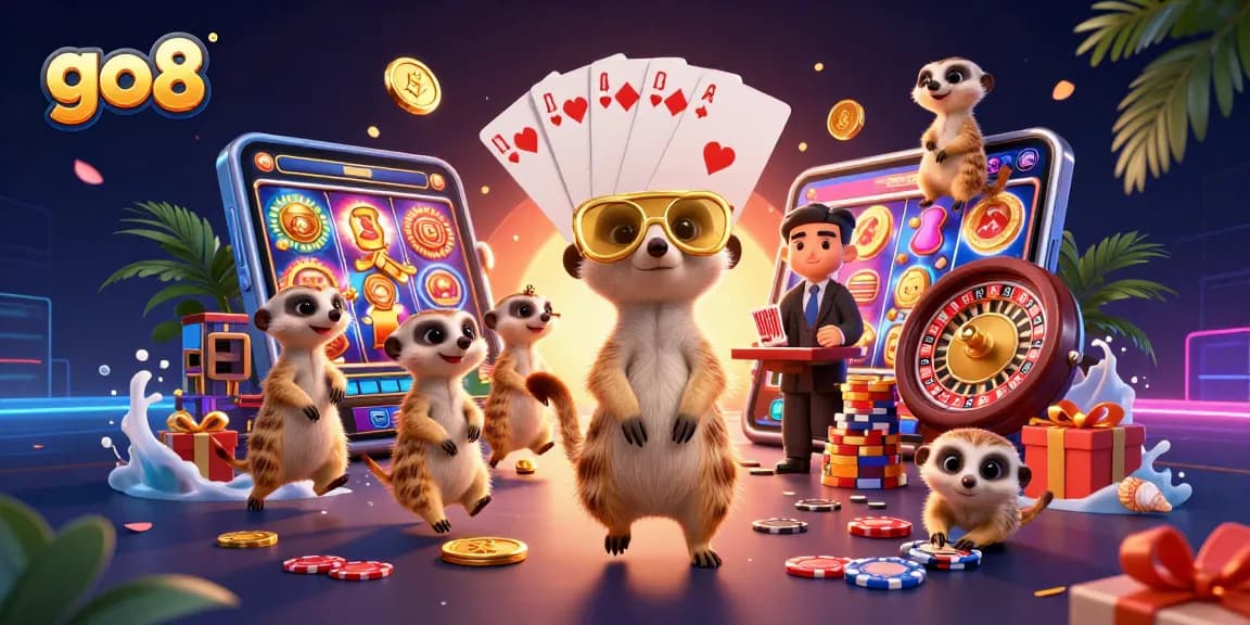 Go8 meerkats overseeing a vibrant casino scene with slot games and chips scattered.