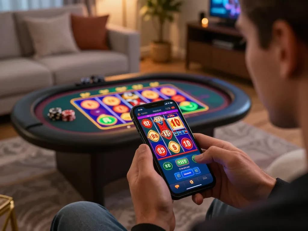 Player enjoying slots and table games on LV88 casino app in a cozy living room