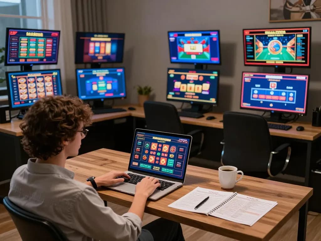 Engaged player using laptop for online gaming at 13winco platform in stylish home setup