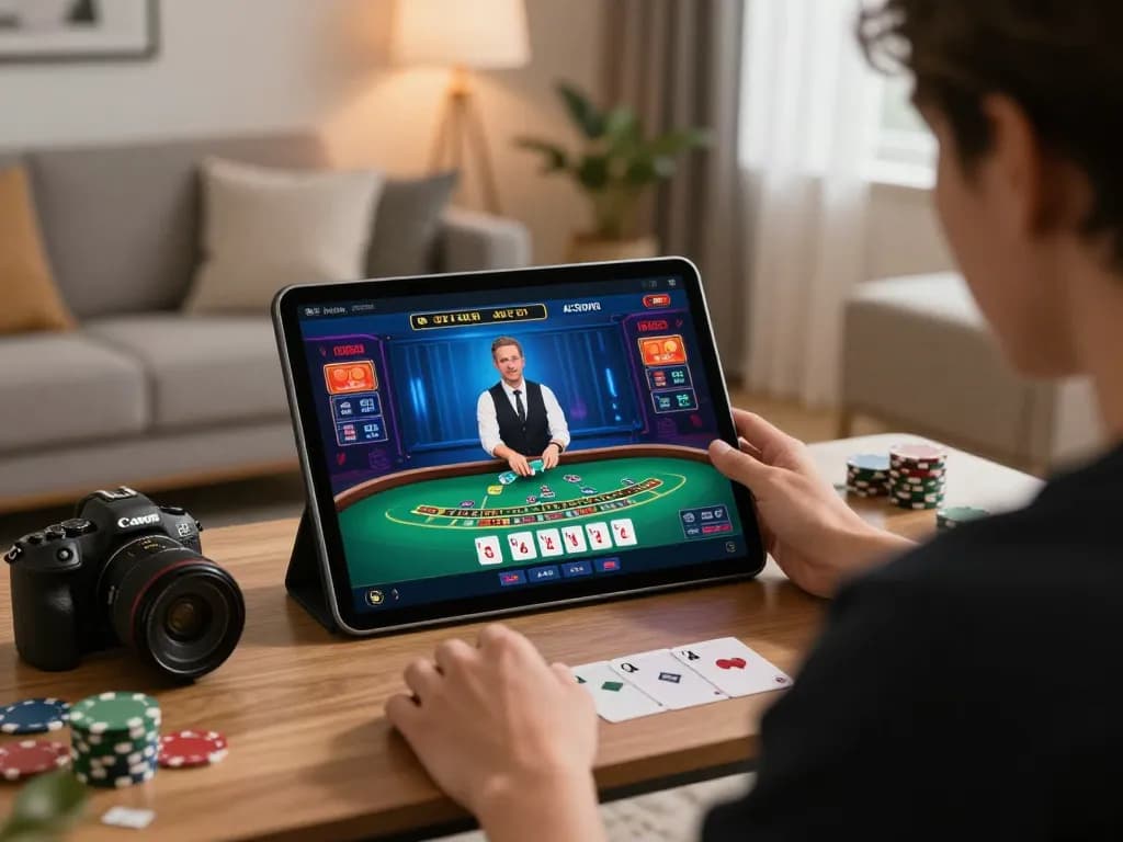 Engaging player interacts with live dealer blackjack on tablet, highlighting sunwin gaming experience.
