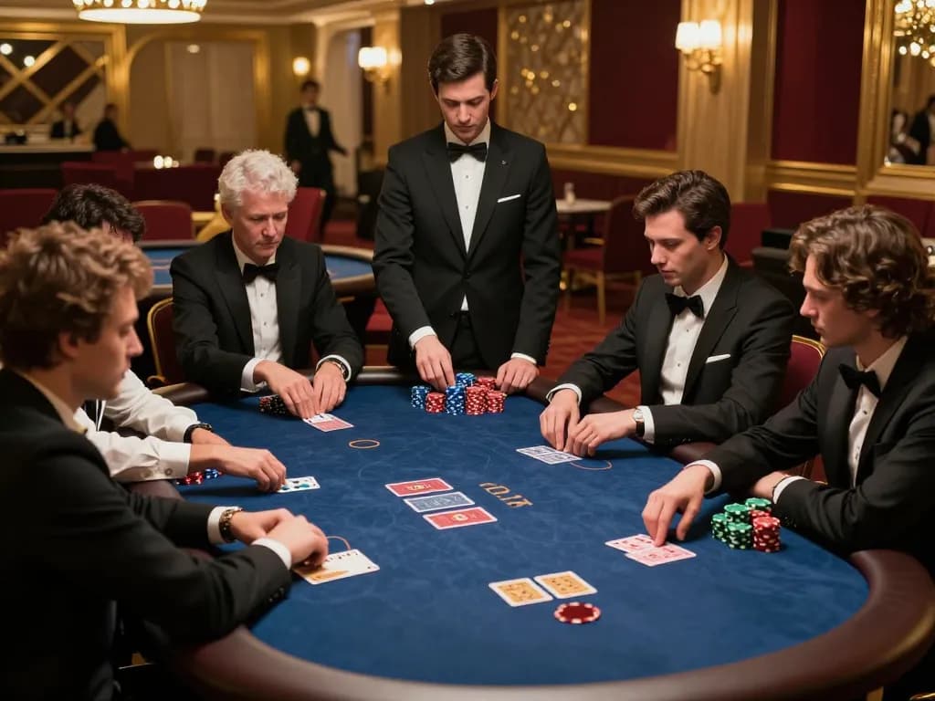 Players enjoying a thrilling poker game at https://f1686s.com/ with vibrant chips in a luxurious casino.