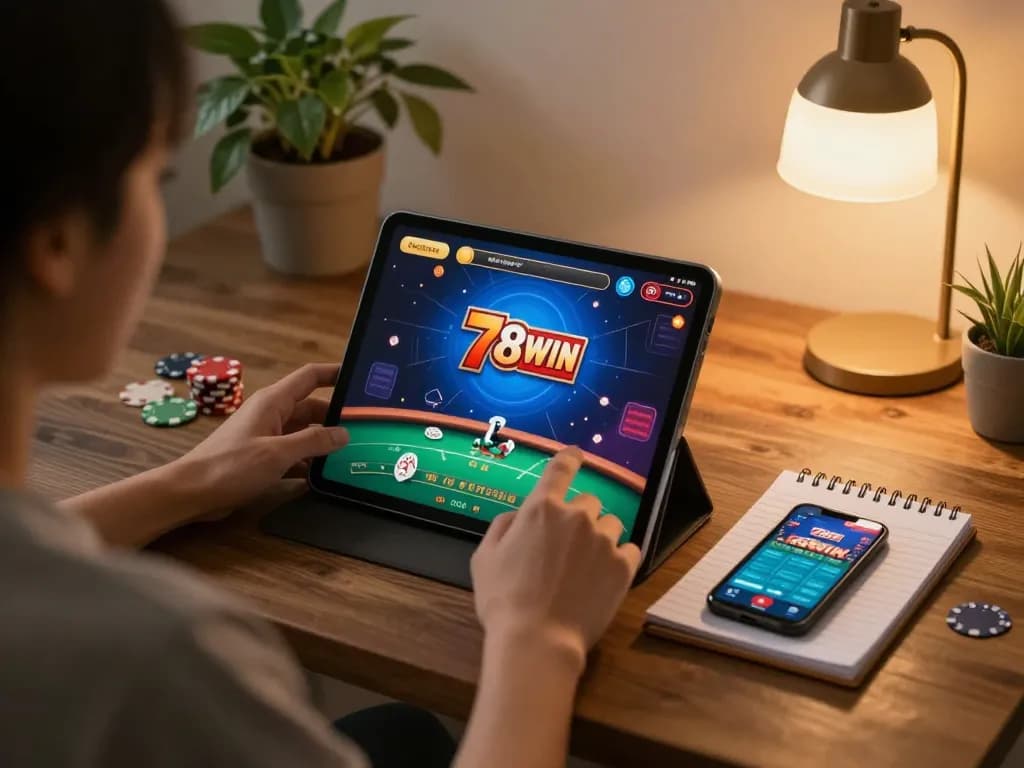 Engaging with 789WIN online gaming on a tablet at home, showcasing a cozy setup.