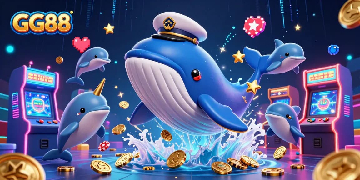 Experience the joy of GG88 casino with playful dolphins, a giant whale, and golden coins, all in 3D brilliance.