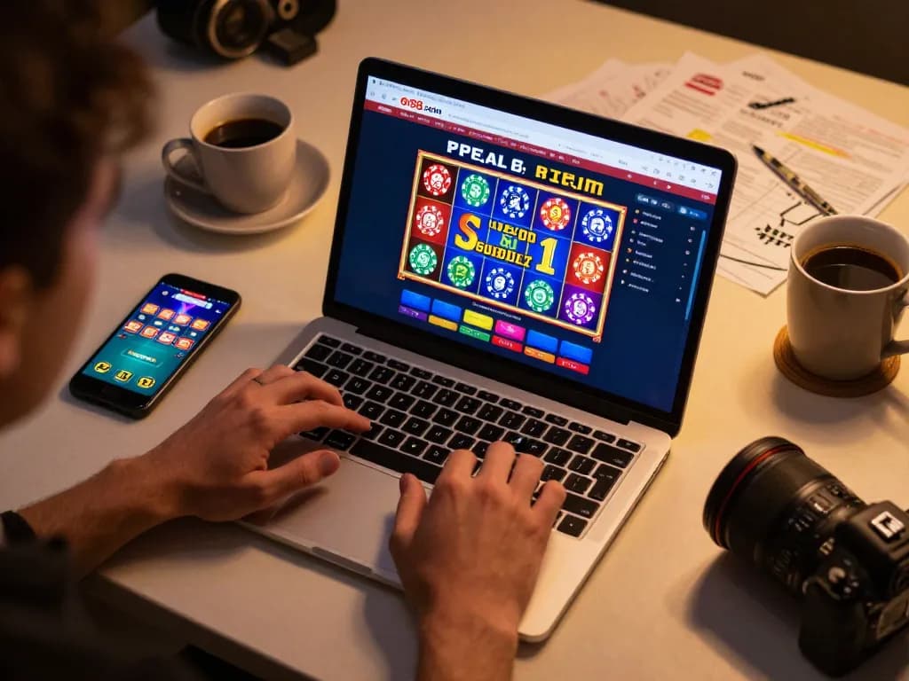 Engaging in online gaming at open88.com with colorful interface and laptop setup for strategic gambling.
