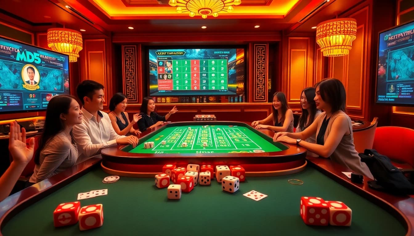 Tài xỉu MD5 table experience with animated dice and vibrant casino elements.