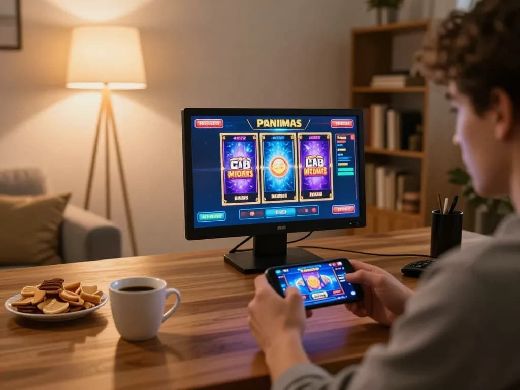 Engaging in mobile gaming with 88okwin app, person exploring colorful slots interface in a cozy home setting.