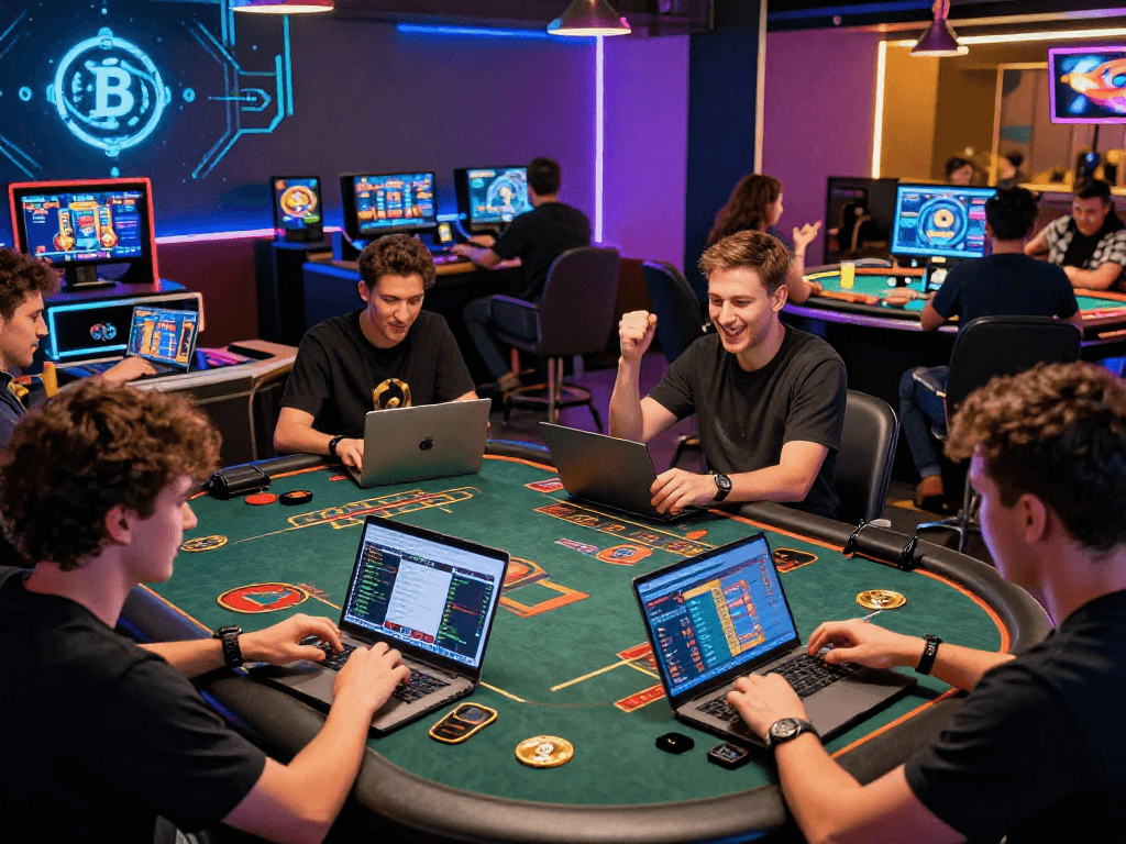 Players enjoying a lively crypto casino experience with laptops and digital interfaces lighting up the scene.