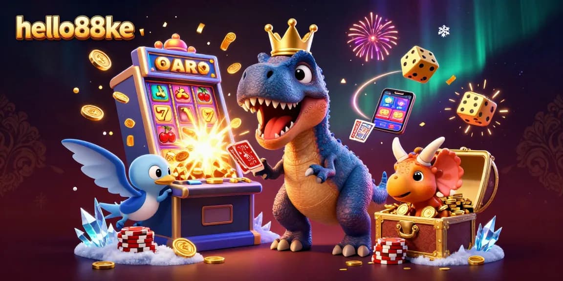 Experience thrilling gameplay with hello88ke, featuring friendly dinosaur characters shuffling cards and stacking chips.