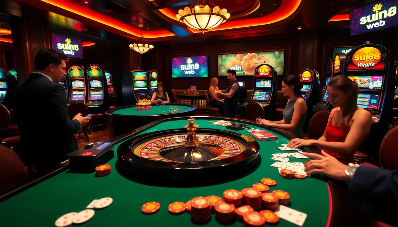 Experience the thrill of sun88 win web at a luxurious casino, featuring roulette, poker, and vibrant slot machines.