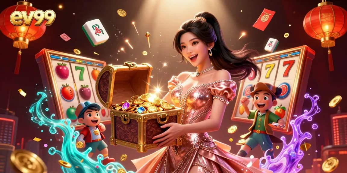 Experience winning with ev99 in a vibrant casino scene, featuring gold treasures and joyful celebration.