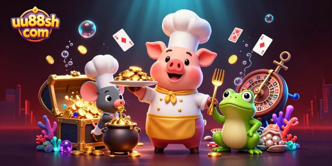 Witness the excitement of uu88sh com with a chef pig, sous-chef mouse, and critic frog amidst vibrant casino elements.