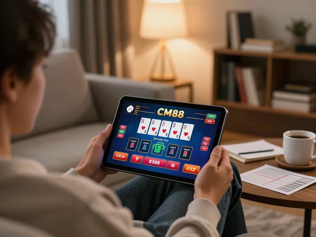 Engaging gameplay scene with CM88 as a player uses a tablet for live dealer blackjack