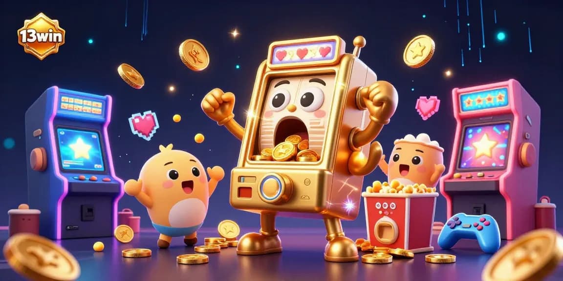 Experience the thrilling jackpot fun at 13win with a vibrant scene of a golden slot machine celebrating winning streaks.
