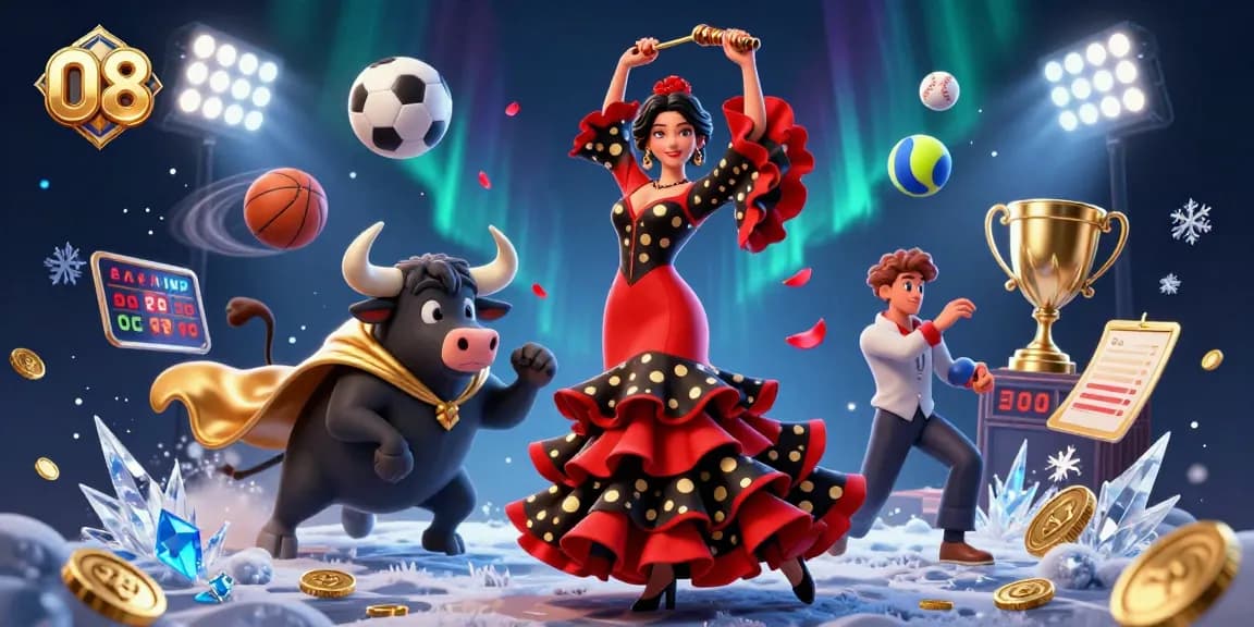 O8 showcases a stunning dynamic casino scene with a dancing woman, a fighting bull, and vibrant sports elements.