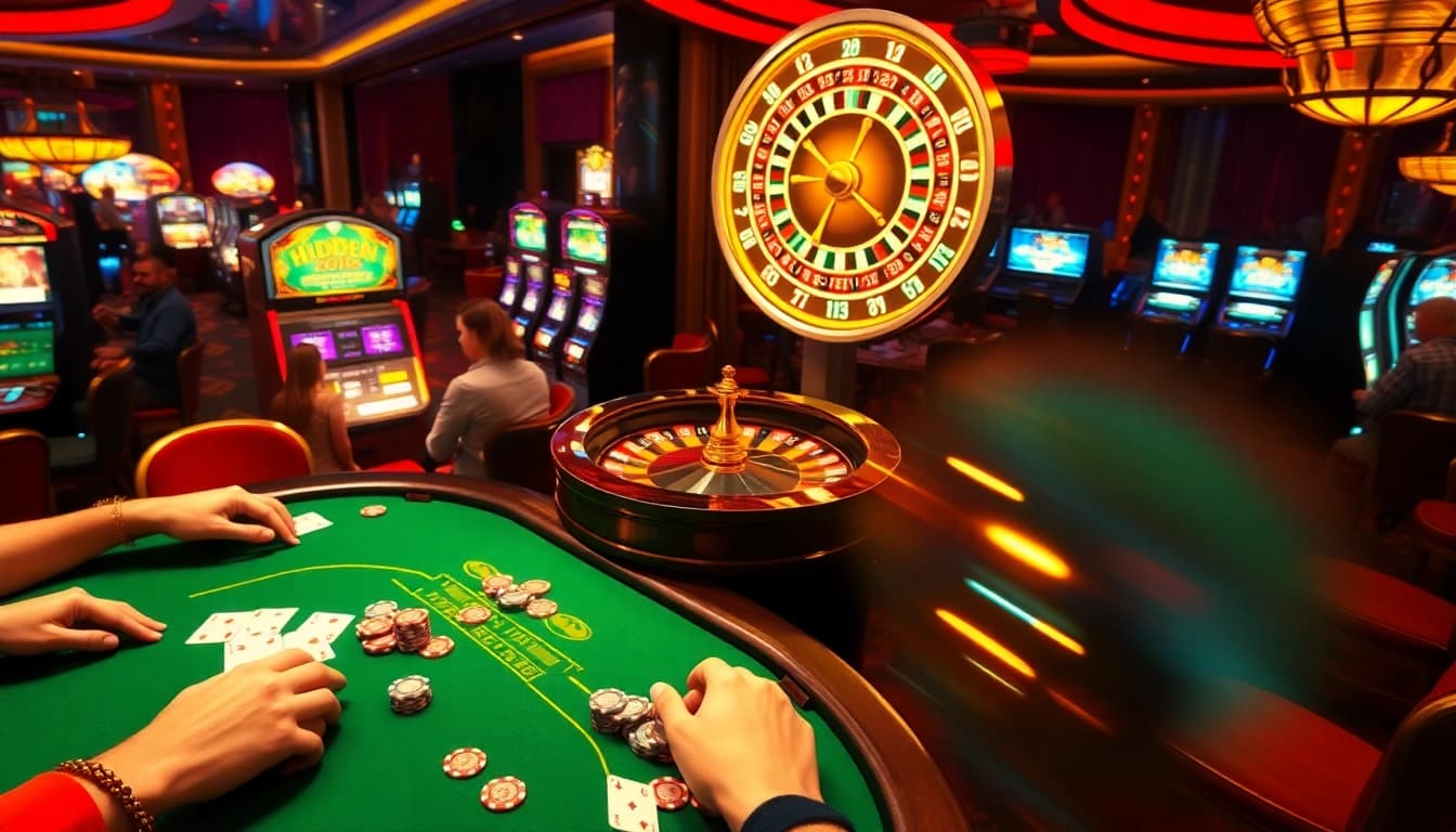Engaging scene of luxury gambling with poker chips, cards, and roulette wheel - hidden wiki 2026 context.