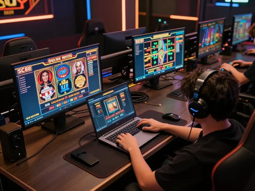 Player engaging with sc88 online slots and live dealer games in a sophisticated home setup.