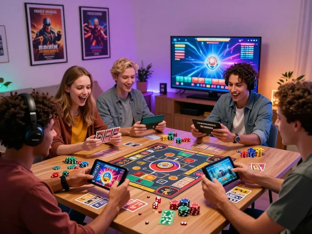 Excited friends enjoying online gambling games with gem88 elements at home.