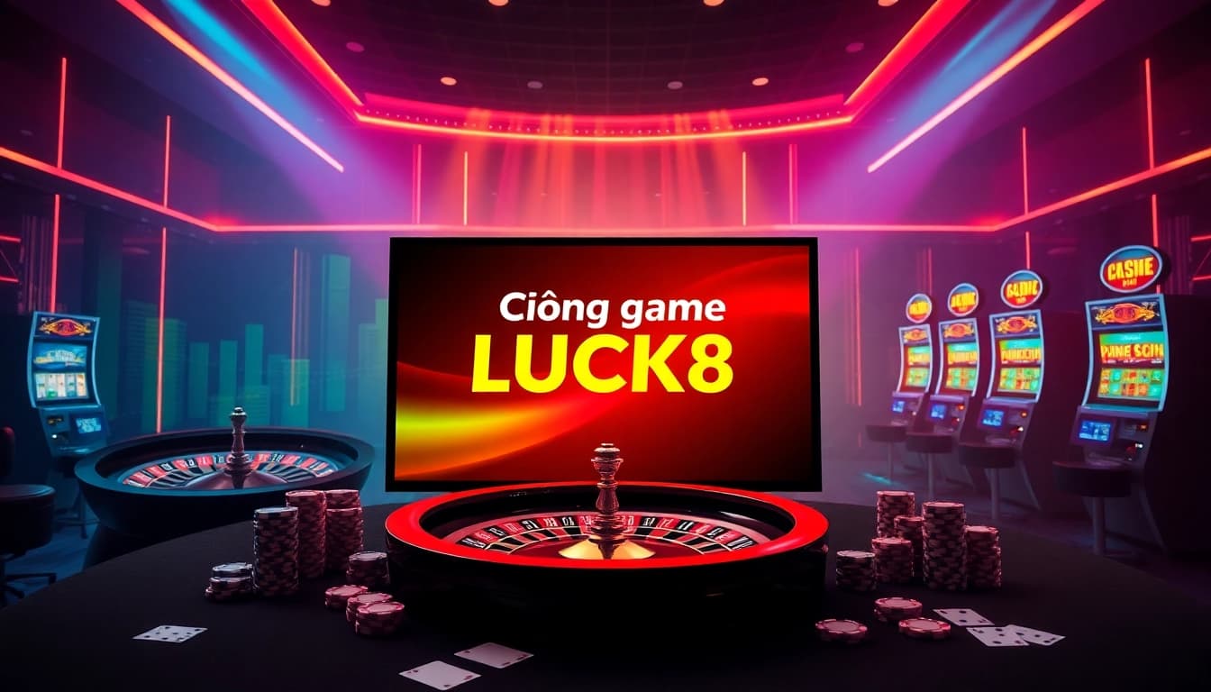 Engage with the immersive Cổng game LUCK8, showcasing vibrant casino elements like poker chips and a roulette wheel.