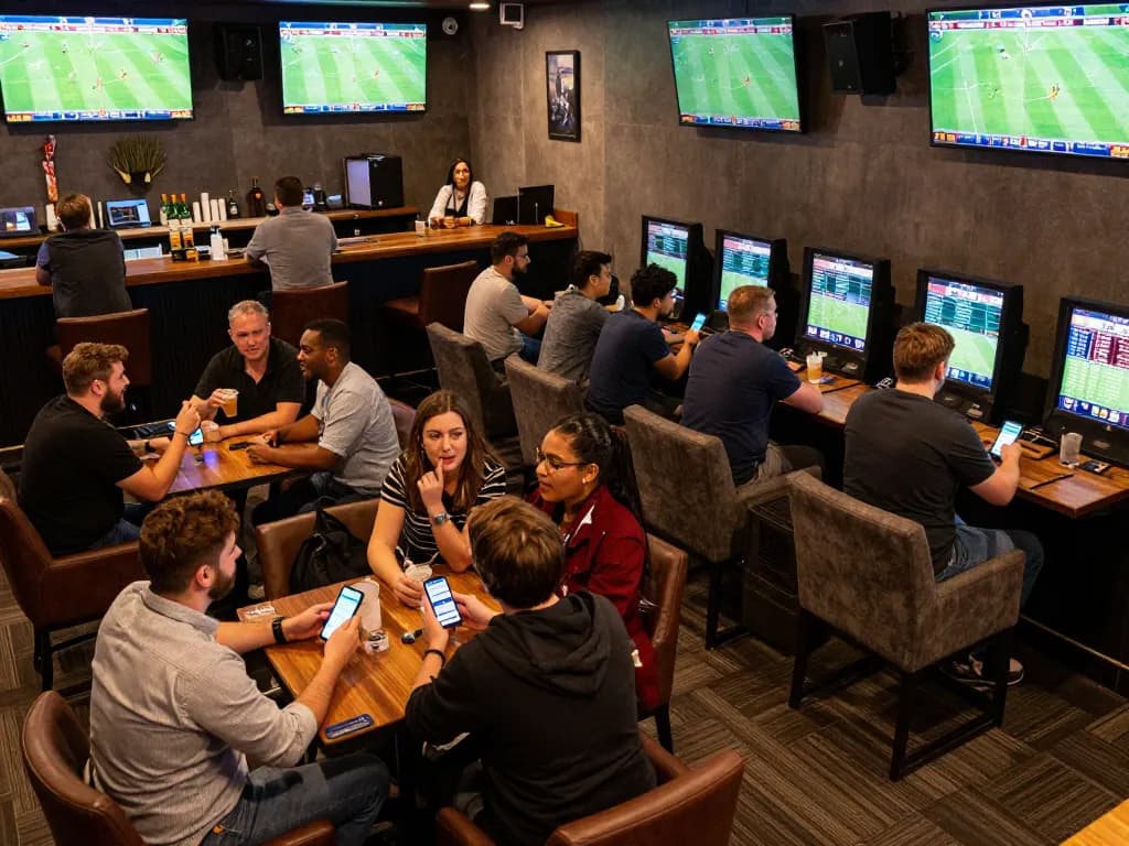 Soi Kèo sports bettors analyzing live matches and odds in an exciting lounge atmosphere