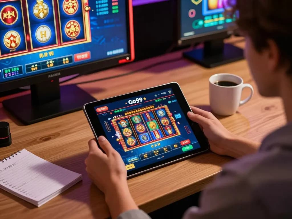Engaging with the Go99 app for online casino gaming at home.