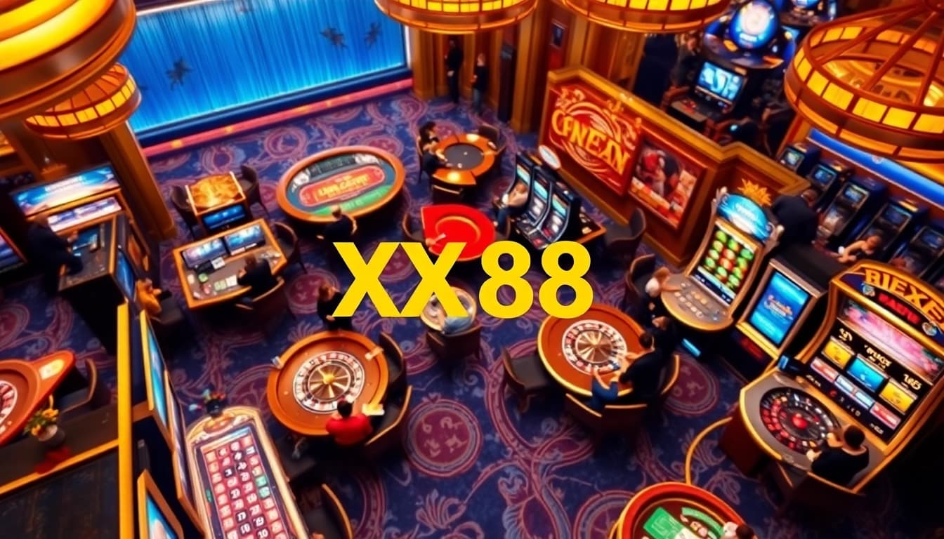 Excited players enjoying diverse games at the XX88 online casino, showcasing luxury and entertainment.