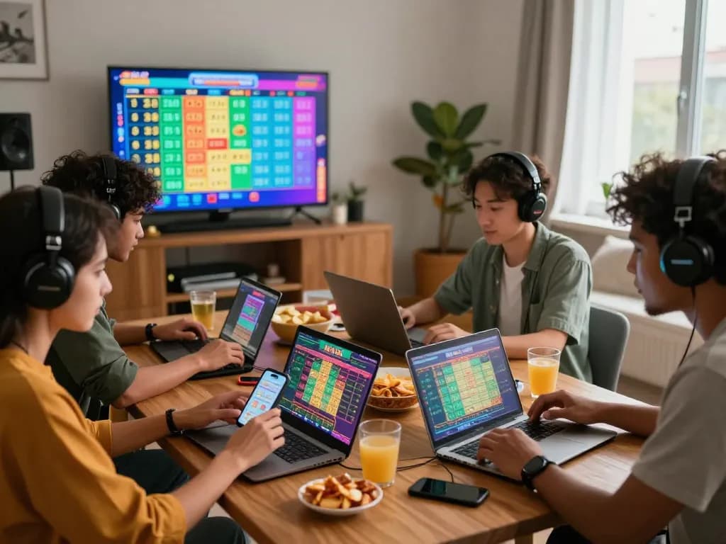 Exciting gathering of friends playing đánh lô online with devices and snacks in a lively urban setting.
