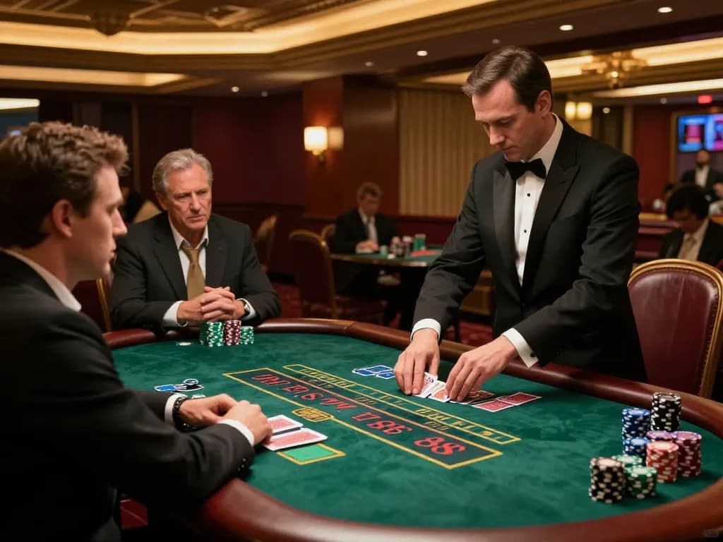 Players engaged in strategic blackjack gameplay at an upscale casino featuring hm 88 elements.