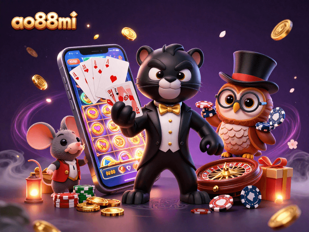 Play with ao88mi as a panther deals cards, surrounded by joyful gaming elements and vibrant characters.