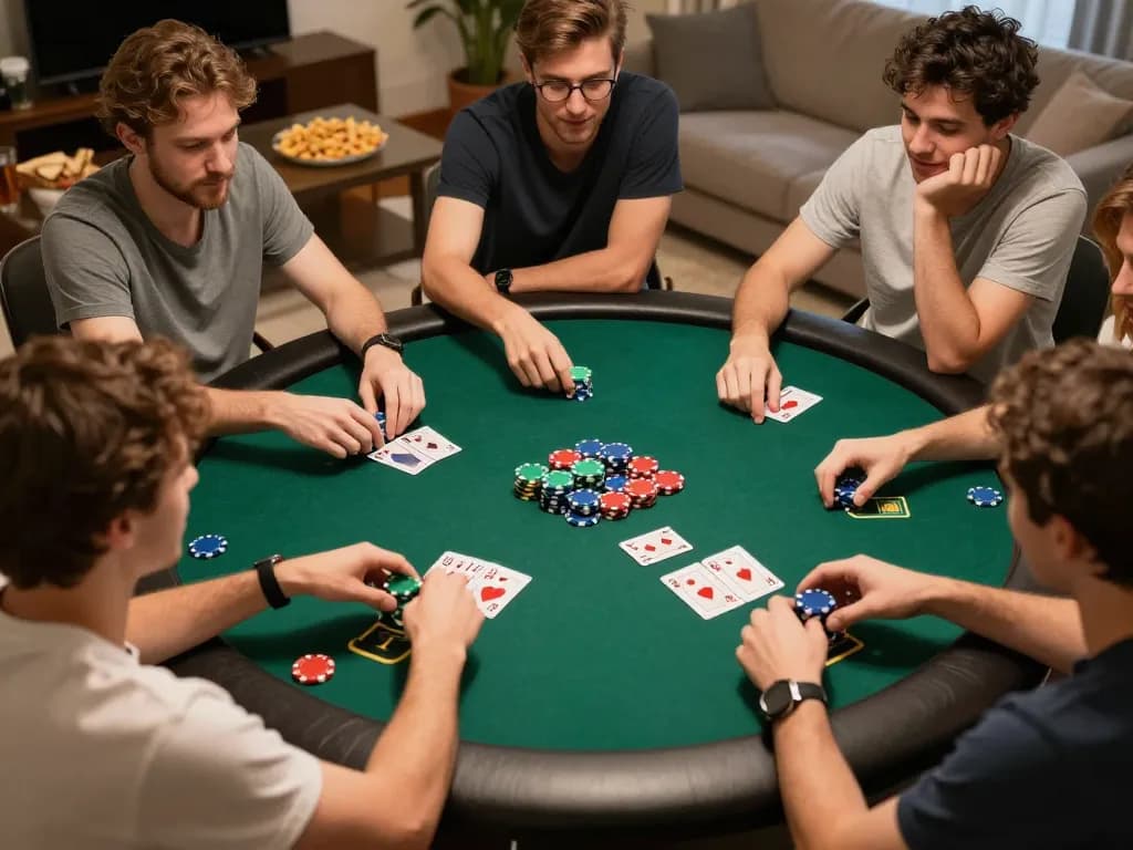 Friends enjoying a lively poker game at home with OPEN88 cards and chips visible.