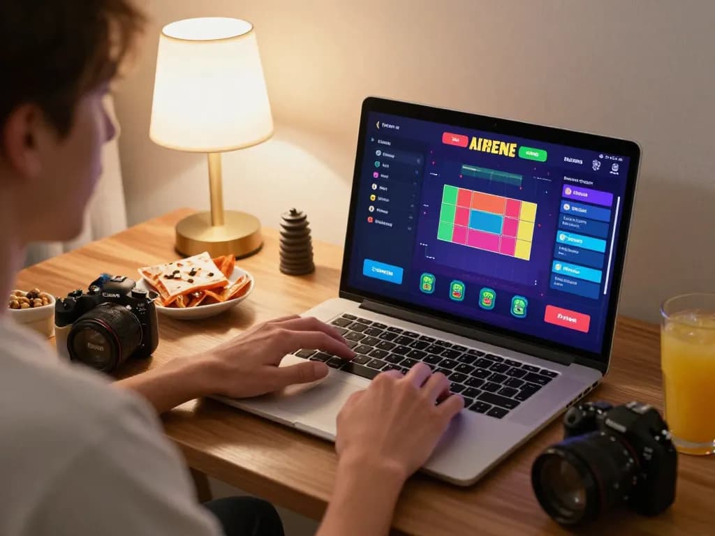 Engaging with the luckywin casino app on a laptop in a cozy home setup