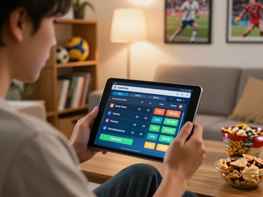 Engaging in online betting at an agen bola sportsbook, showcasing a person intently placing sports bets on a tablet.
