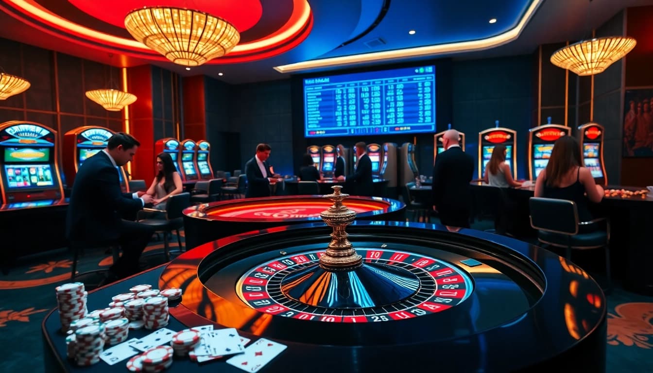 Players enjoying a thrilling game at https://kuwin1.club/ casino featuring roulette, cards, and poker chips.