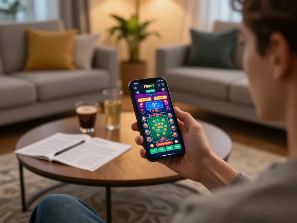Experience live gaming excitement with the F8BET app in a cozy home setting.