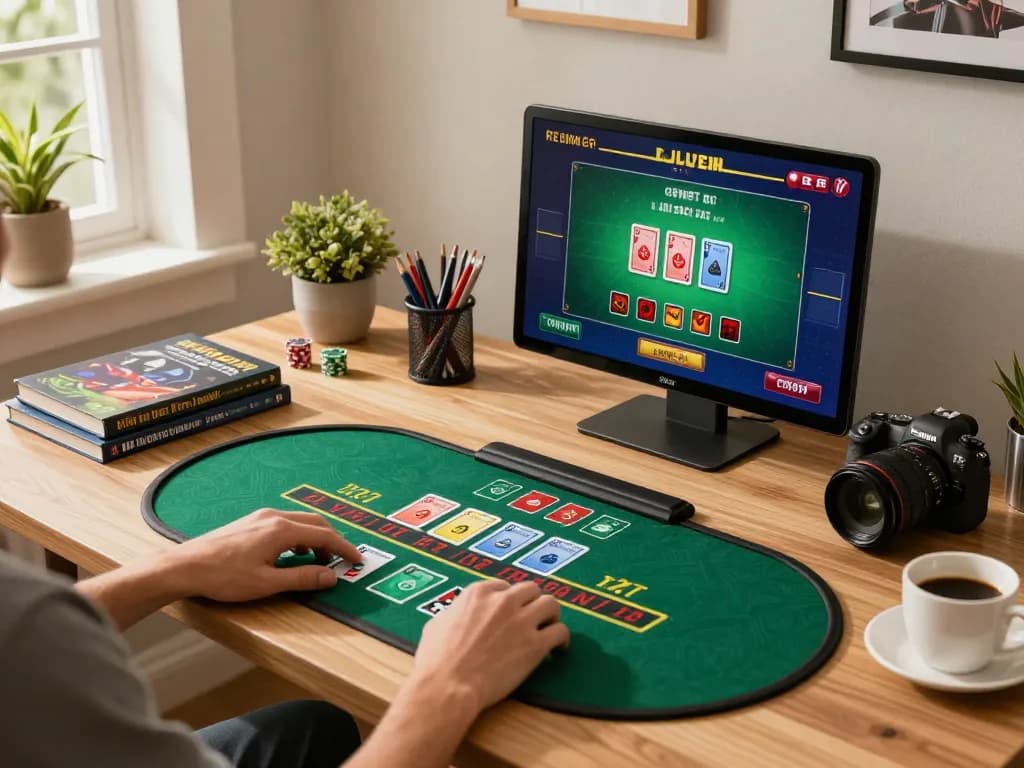 C168 player engaging in live dealer blackjack online, showcasing a cozy home gaming setup with warm ambiance.