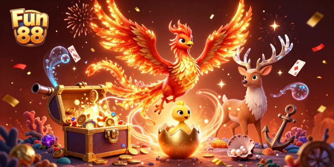 Play exciting games at Fun 88 with a vibrant 3D scene showcasing a phoenix and rich casino elements.