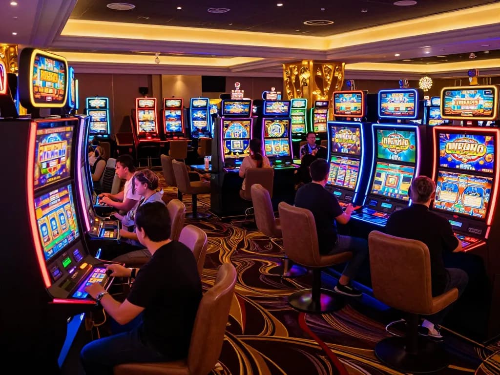 Experience the excitement of Luck8 casino with vibrant slot machines and engaging players.
