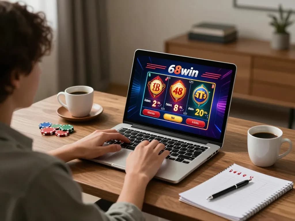 Engaging in a thrilling betting experience at 68win casino using a laptop in a cozy home environment.