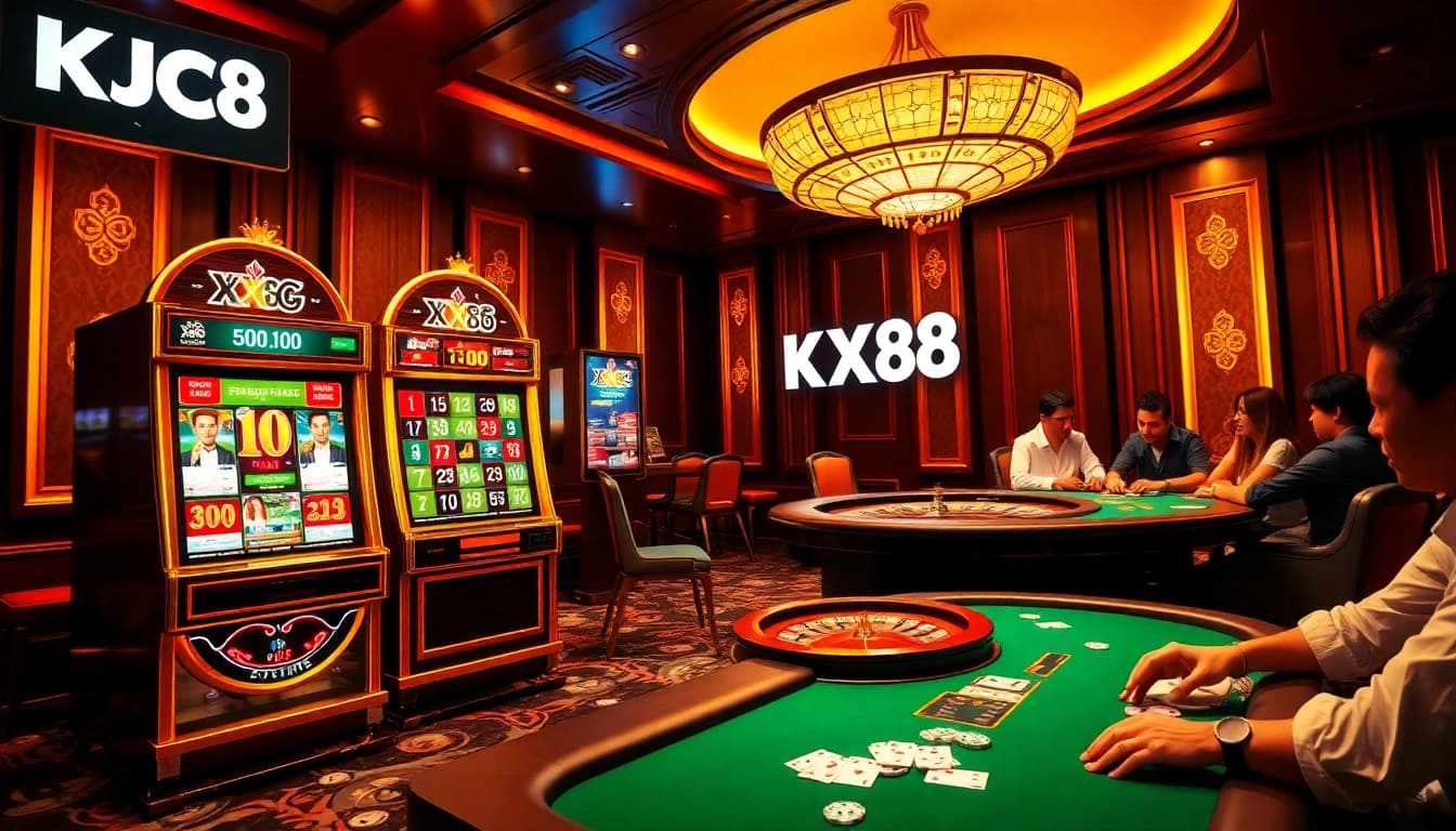 KJC XX88 players enjoying games at a luxurious casino table with slot machines and poker chips.
