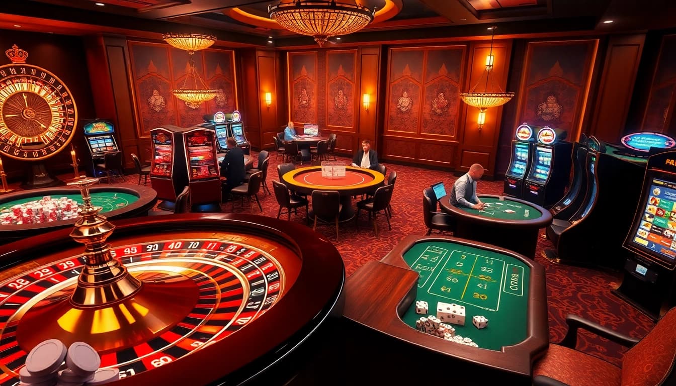 Experience thrilling online gambling at https://du88.sbs/ with a vibrant casino atmosphere featuring poker tables and roulette wheels.
