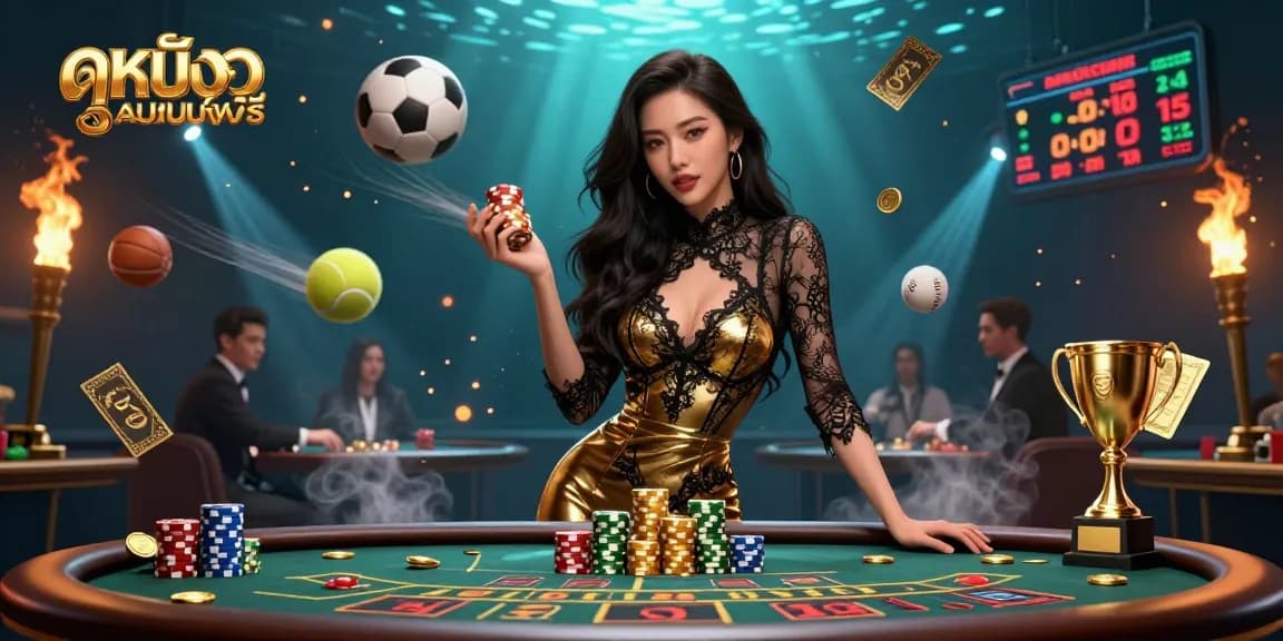 Experience ดูหนังออนไลน์ฟรี at a lavish casino scene with glamorous Asian woman amidst dynamic gambling elements.