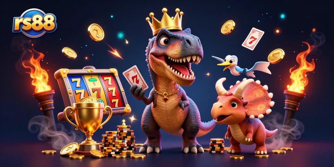 Engage with rs88 in a vibrant casino scene showcasing cartoon dinosaurs playing cards and stacking chips.