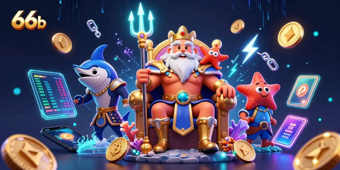 Engage with 66b in vibrant casino-themed 3D art featuring cosmic games and crypto elements.