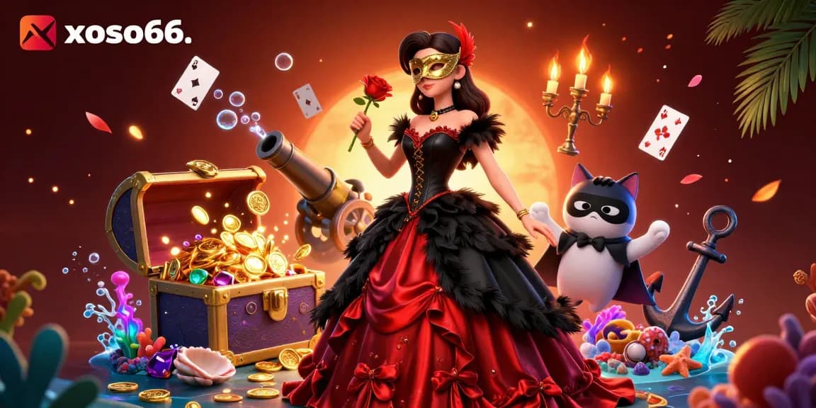 xoso66. Join the excitement as a stunning woman in a vibrant gown captures the thrill of gambling.