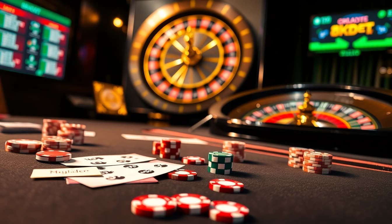 Engaging online gambling experience at nhà cái 8kbet with poker chips and roulette wheel.