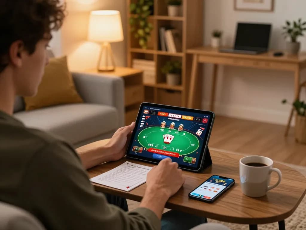 Player enjoying sv368 online casino on a tablet in a cozy home setting with stylish decor.