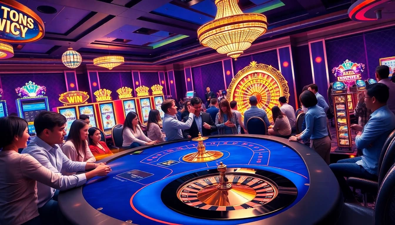 Engage in the thrilling win678 game at a vibrant casino table surrounded by excited players.