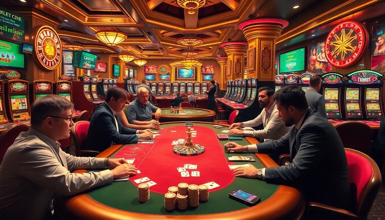 Engaged players in a vibrant casino scene showcasing the thrill of games promoting https://kjc.us.com/.